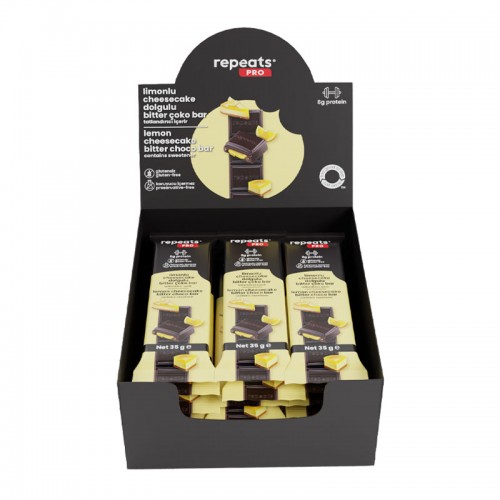 REPEATS PRO LIMONLU CHEESCAKE DOLGULU BİTTER ÇOKO BAR 12 X 35 GR REPEATS PRO LIMONLU CHEESCAKE DOLGULU BİTTER ÇOKO BAR 12 X 35 GR