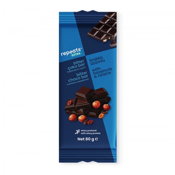 REPEATS EXTRA PROTEINLI ÜZÜMLÜ FINDIKLI BİTTER ÇOKO BAR 80 GR
